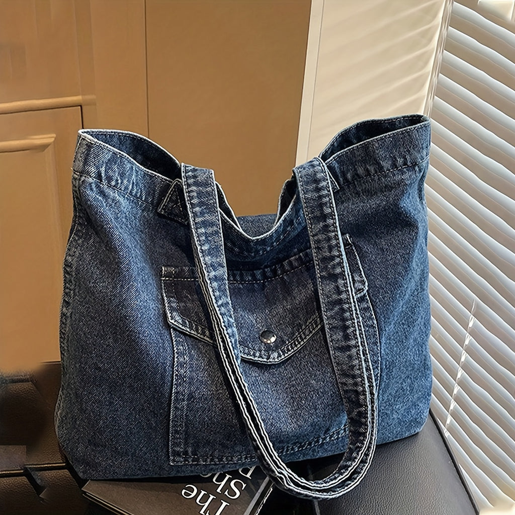 1pc Vintage Blue Distressed Style Women'S Slouchy Shoulder Bag, Large Capacity Soft Lightweight Crossbody Bag, Zipper Closure, College Style Fabric Bag with Multi-Pocket Shopping Bag, Shoulder Bag for School