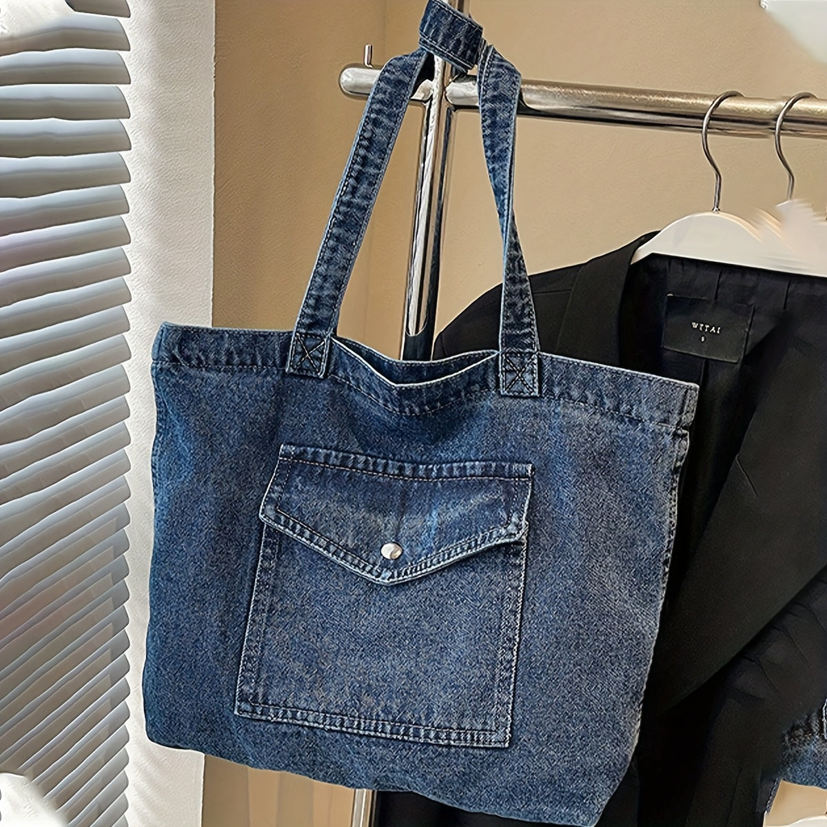 1pc Vintage Blue Distressed Style Women'S Slouchy Shoulder Bag, Large Capacity Soft Lightweight Crossbody Bag, Zipper Closure, College Style Fabric Bag with Multi-Pocket Shopping Bag, Shoulder Bag for School