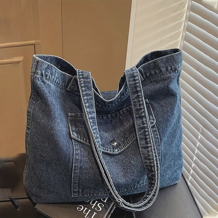 1pc Vintage Blue Distressed Style Women'S Slouchy Shoulder Bag, Large Capacity Soft Lightweight Crossbody Bag, Zipper Closure, College Style Fabric Bag with Multi-Pocket Shopping Bag, Shoulder Bag for School